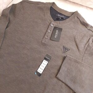 GUESS Men's Reese Henley L/S Shirt Chest Logo 100% Cotton Dk Olive Sz M NEW! $55